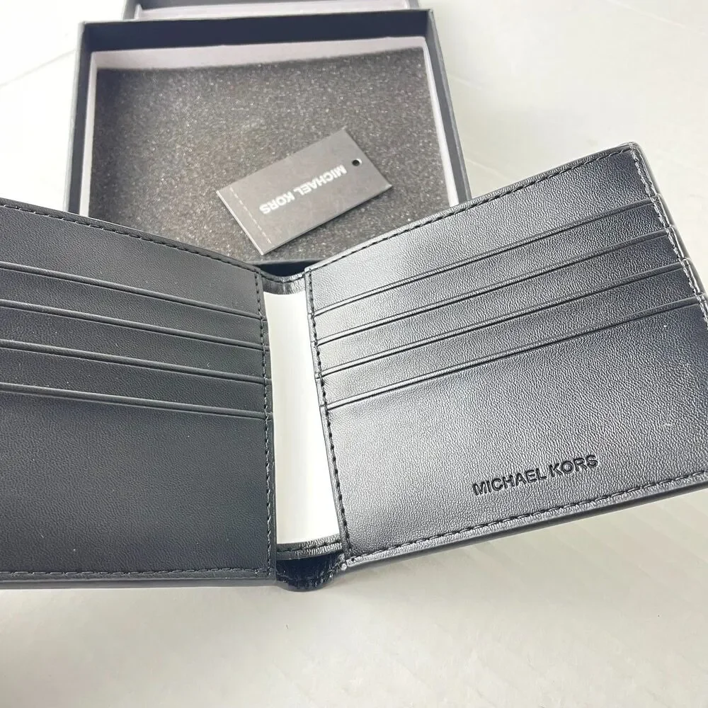 Michael Kors Men Bold Logo Billfold Black Palm‎ Green Leather Wallet Cooper